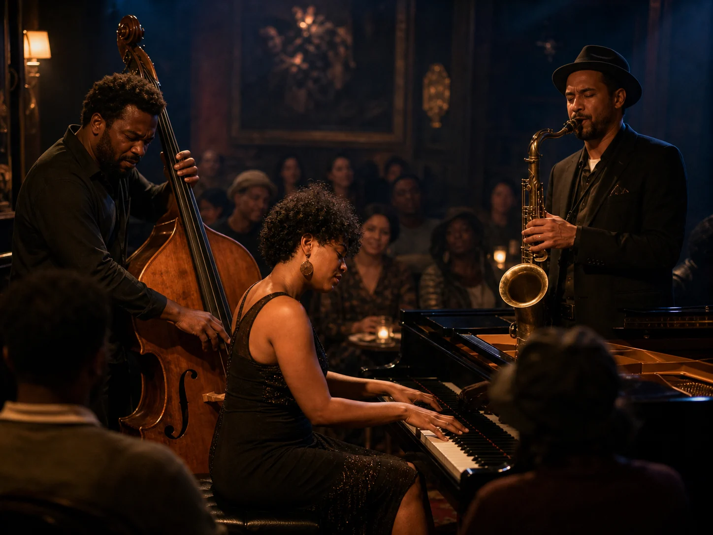A finished intimate jazz trio performance inside a small atmospheric club with an attentive audience