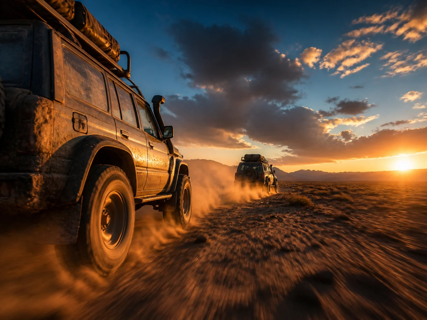 A finished desert vehicle chase captured from a low tracking camera at golden hour
