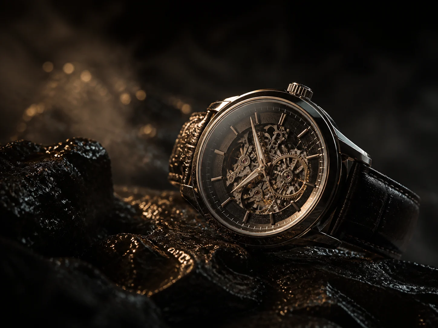A finished luxury watch campaign on wet black stone with moving reflections and fine mist