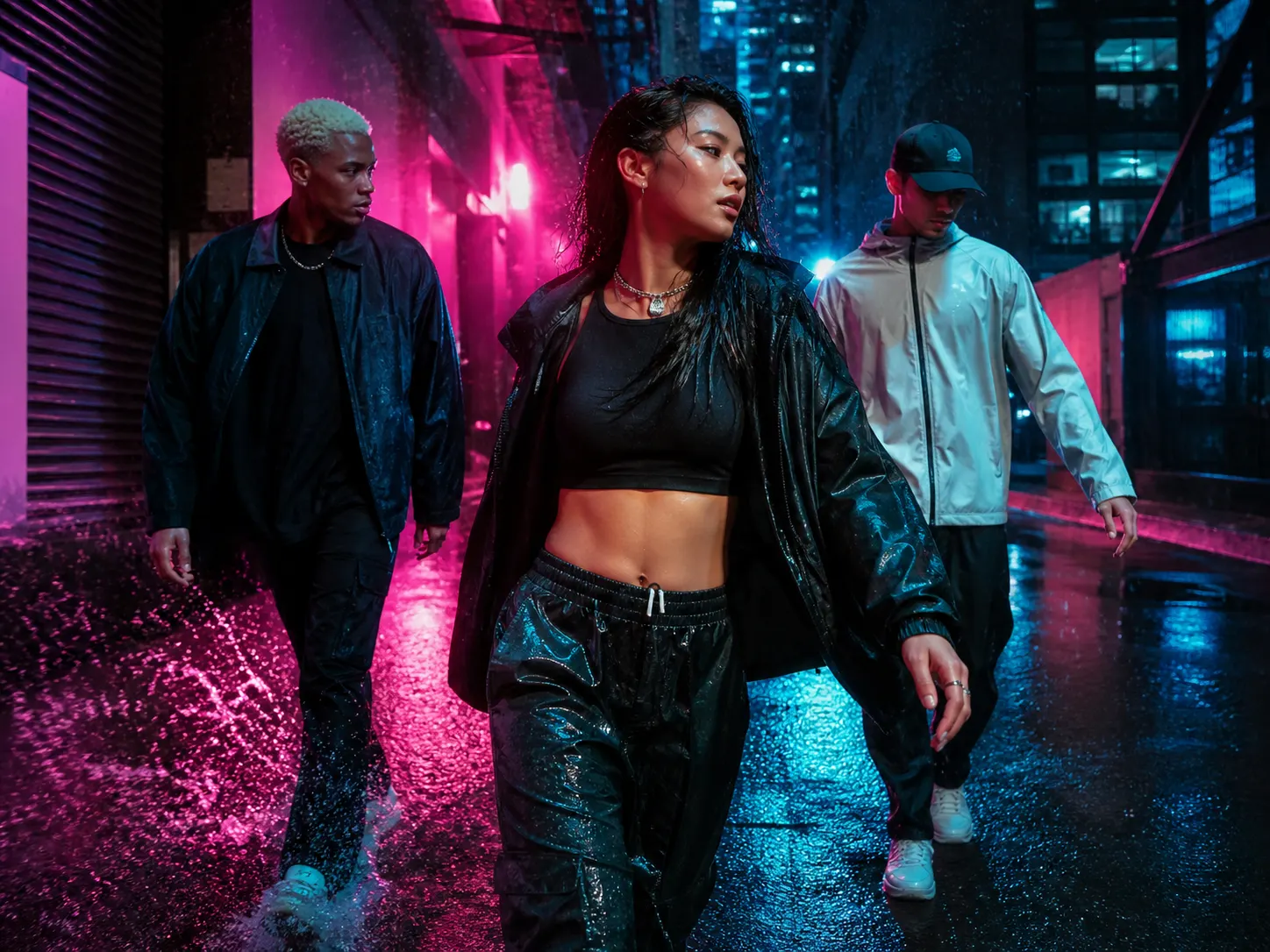 A finished vertical streetwear campaign at night with neon reflections, rain, and energetic movement