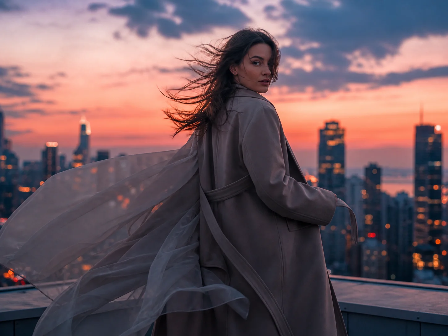 A rooftop fashion performer completing a wind-driven movement with enough visual time for the action to resolve