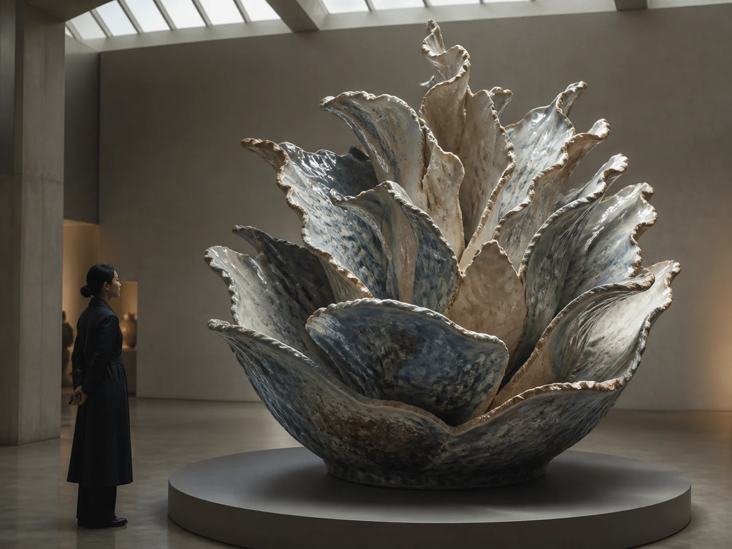 An intricate ceramic sculpture unfolding inside a gallery with finely resolved surfaces, light, and spatial detail