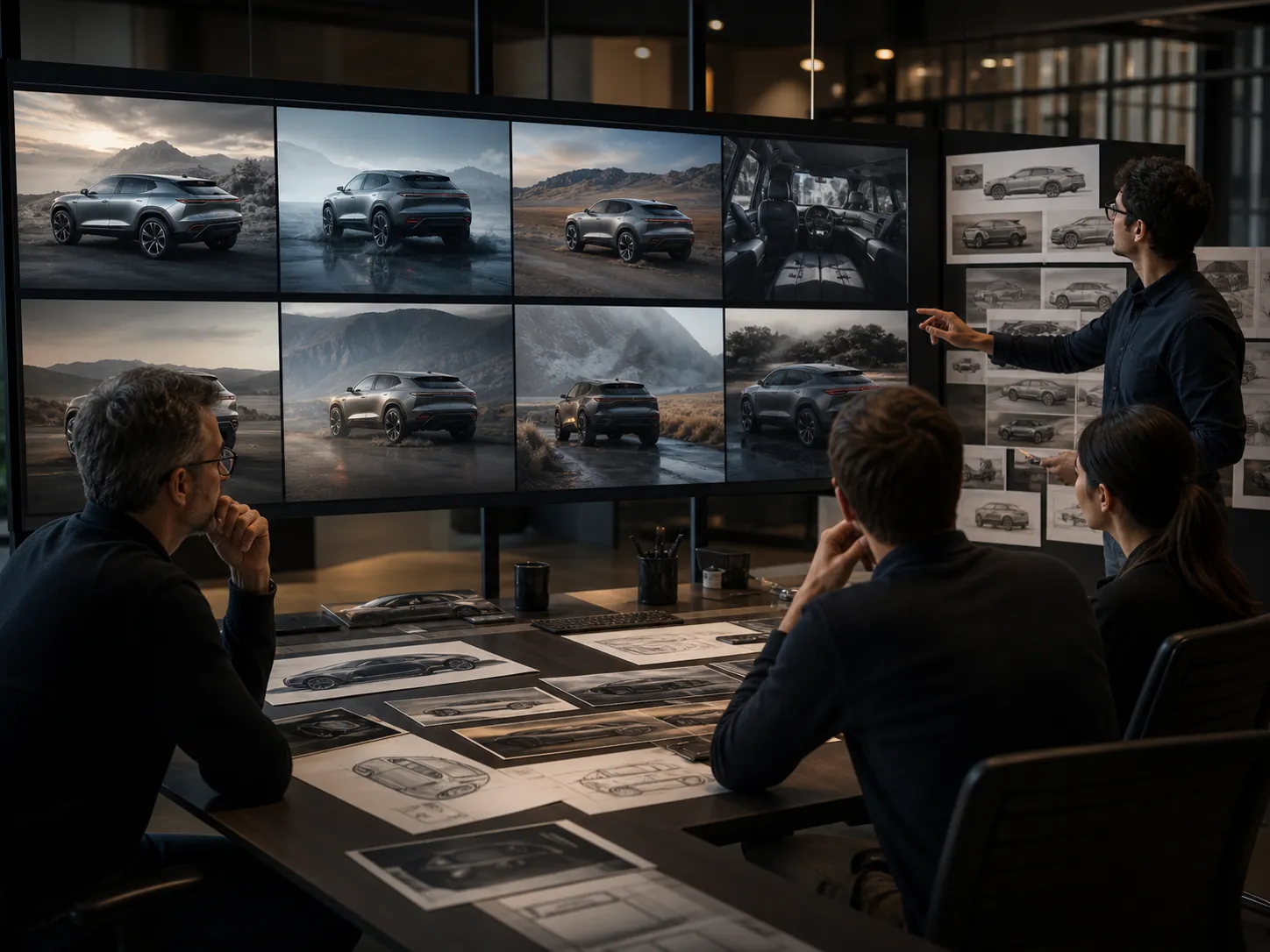 A specialized automotive design team reviewing a coherent series of domain-specific concept films in a studio