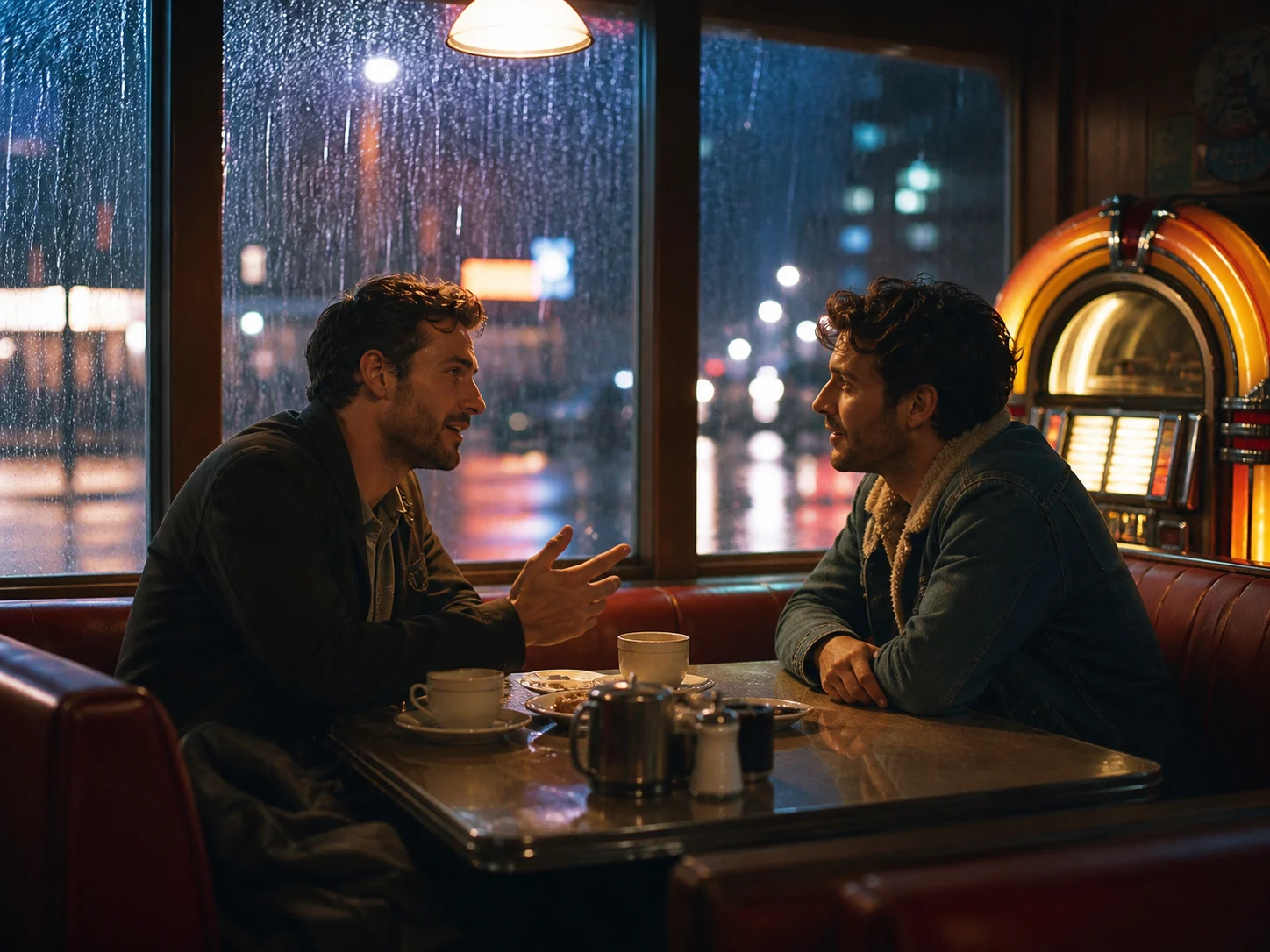 Two recurring characters sharing the next beat of a connected rainy-night diner story under the same warm lighting
