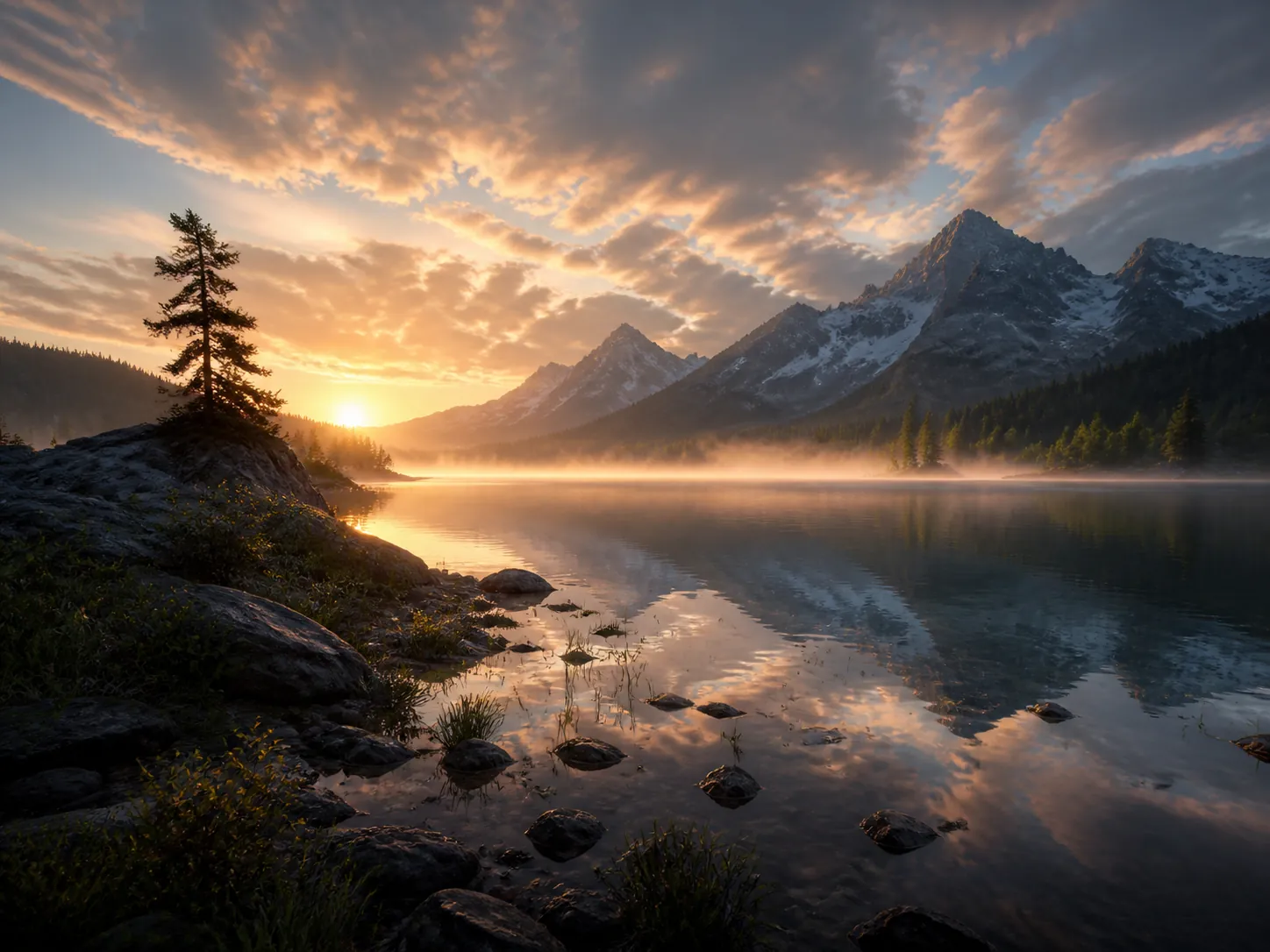 A high-dynamic-range dawn landscape production frame with luminous clouds, reflective water, and detailed foreground shadows