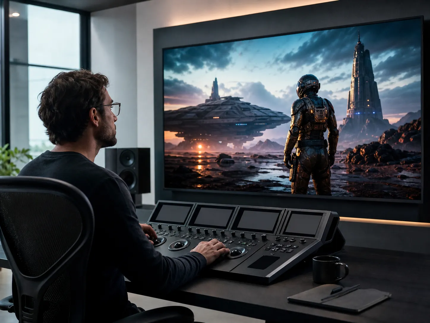 A professional colorist grading a richly detailed science-fiction production frame in a bright finishing suite