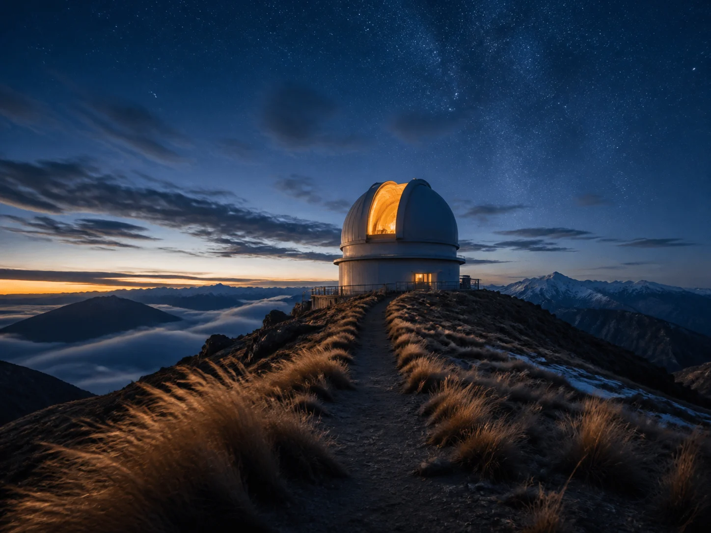 A precisely staged mountain observatory scene combining a glowing telescope dome, approaching researchers, weather, and cinematic light