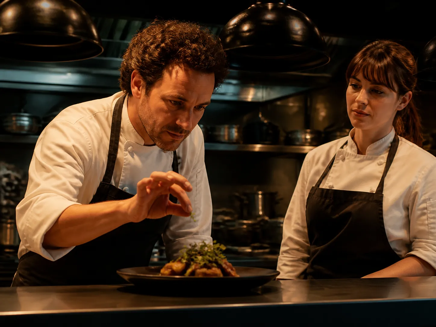 An actor completing a corrected gesture during one finished dramatic kitchen scene while the surrounding performance remains coherent