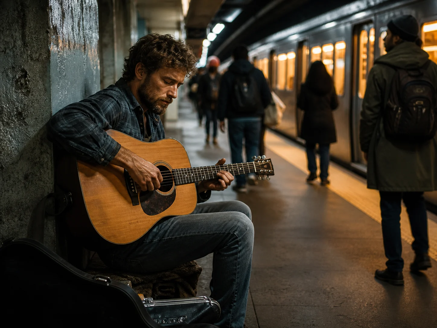 A subway-platform musician performing as commuters react and an arriving train shapes the audiovisual scene
