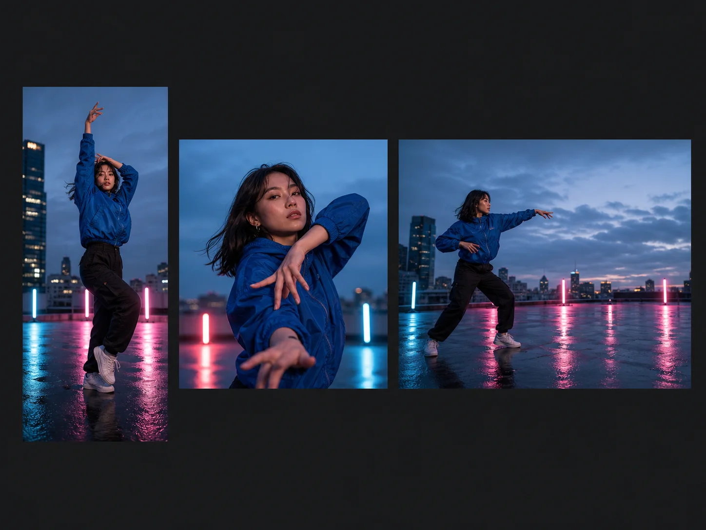 The same rooftop dance concept deliberately recomposed for portrait, square, and landscape social formats