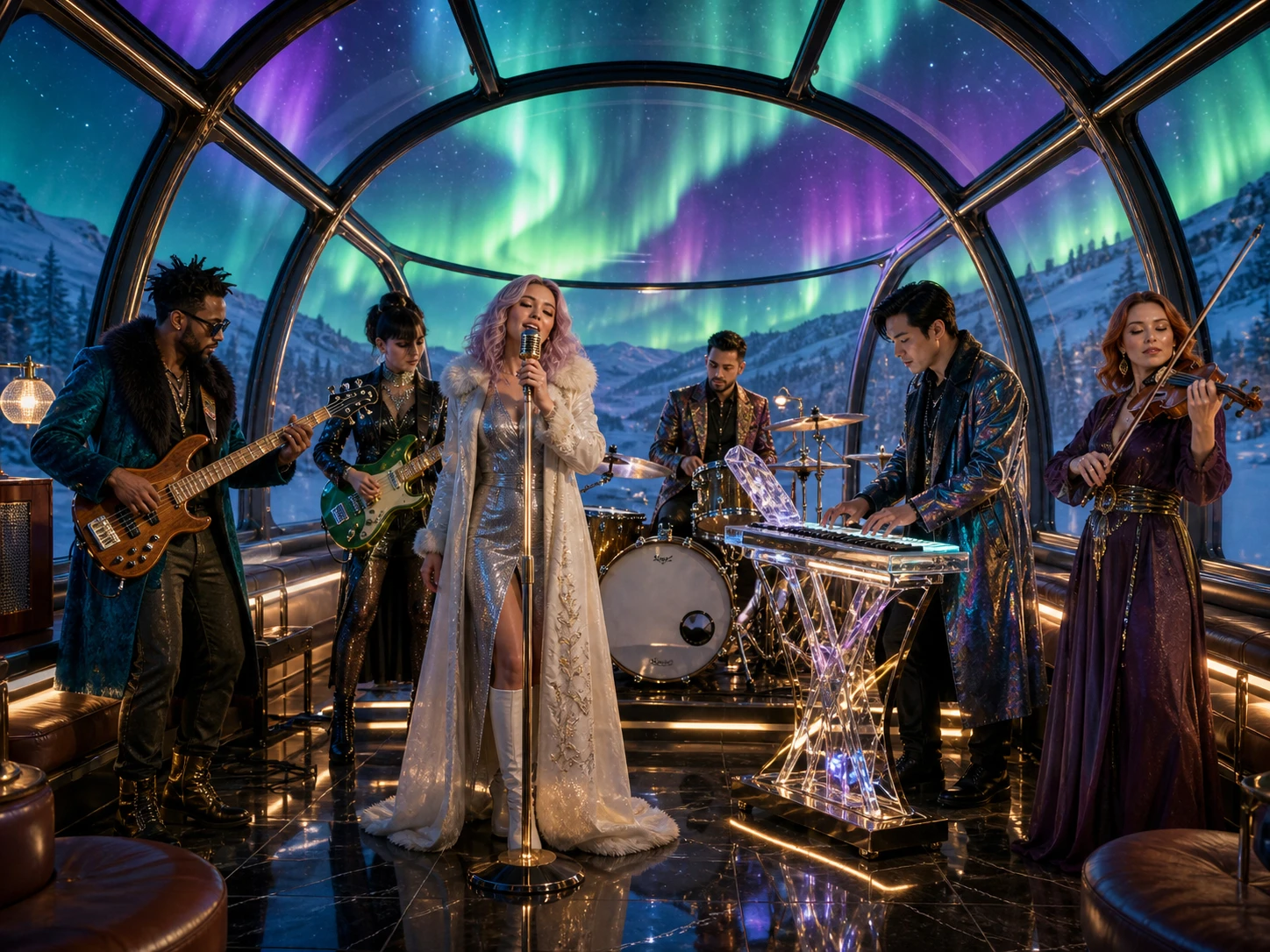 Six-member retro-futurist band performing together inside a glass train beneath a luminous aurora