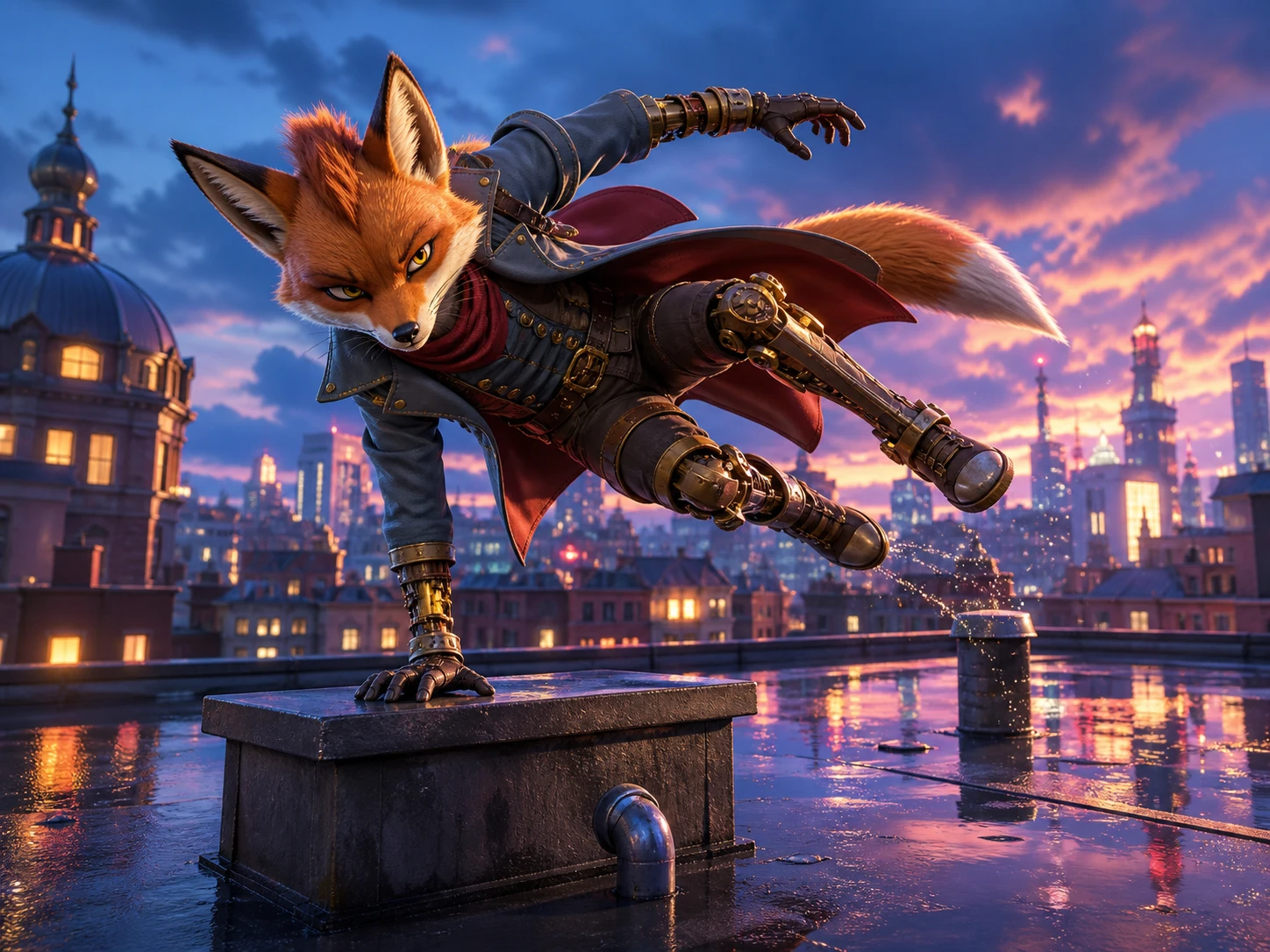 Animated clockwork fox performing a precise one-handed parkour vault across a rain-lit rooftop