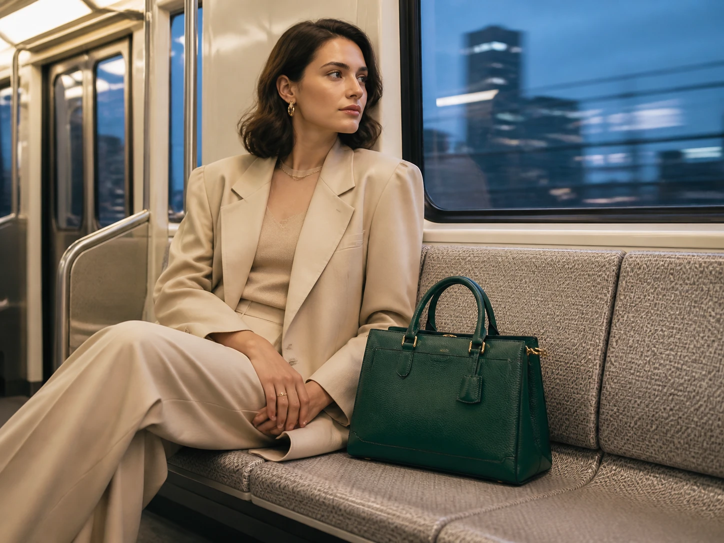 Emerald handbag naturally integrated into a finished fashion campaign scene inside a moving subway carriage