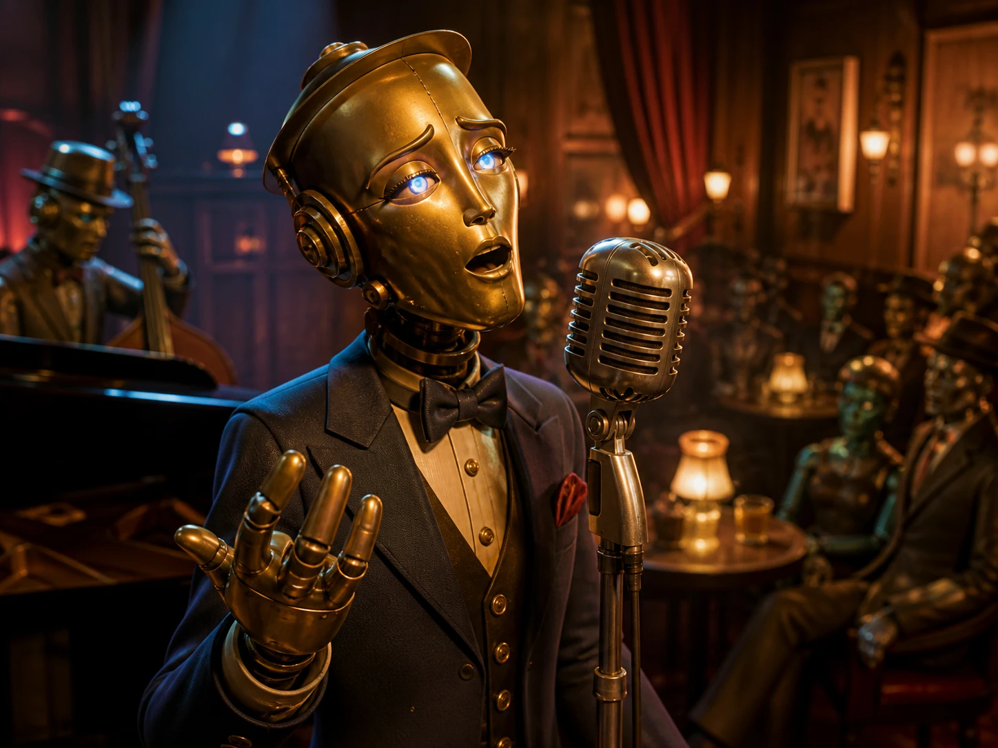 Expressive brass robot delivering an emotional jazz performance into a vintage microphone