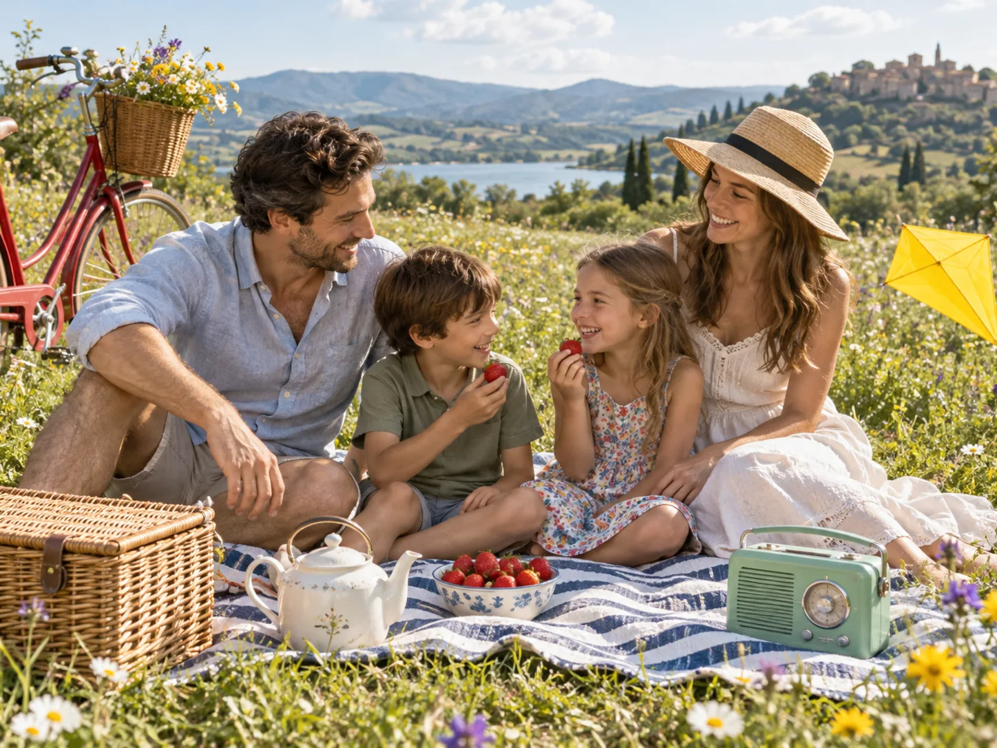 Family of four picnicking in a meadow with a red bicycle, wicker basket, radio, teapot, and kite