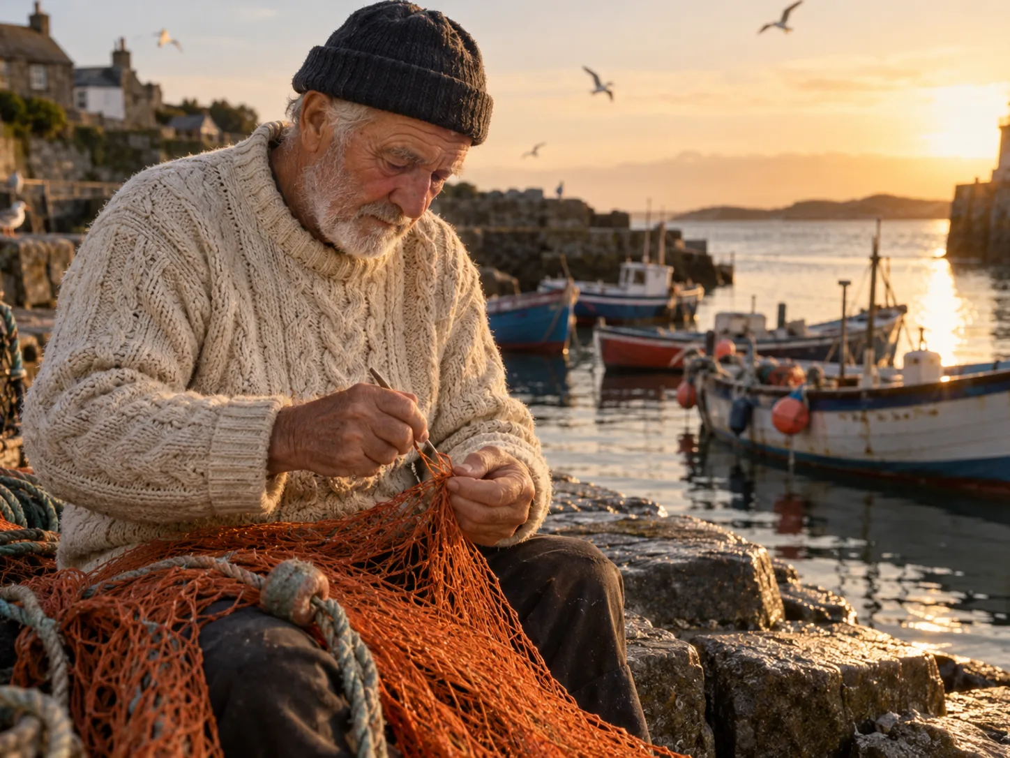 Elderly fisherman in a cream wool sweater mending an orange net on a harbor wall at golden hour