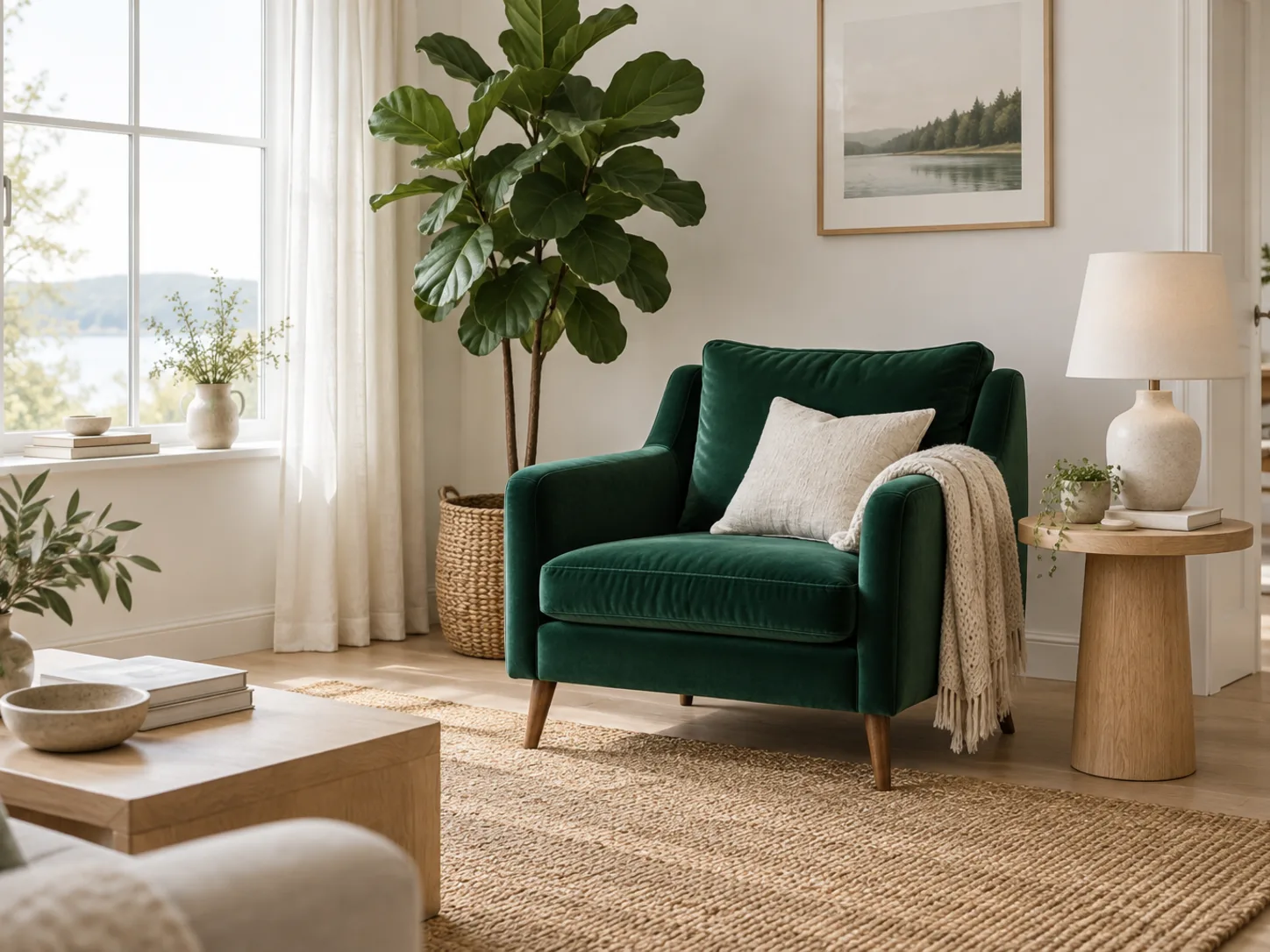Bright Scandinavian living room with an emerald velvet armchair beside an oak side table