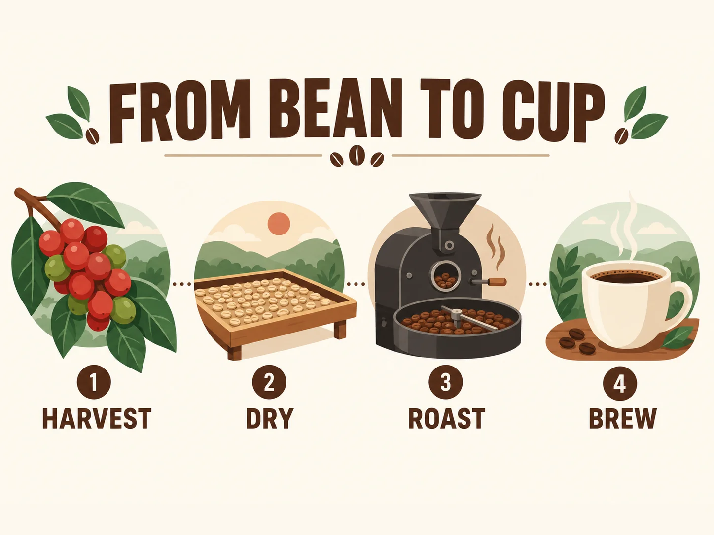 Coffee infographic titled From Bean to Cup with four labeled stages from harvest to brew