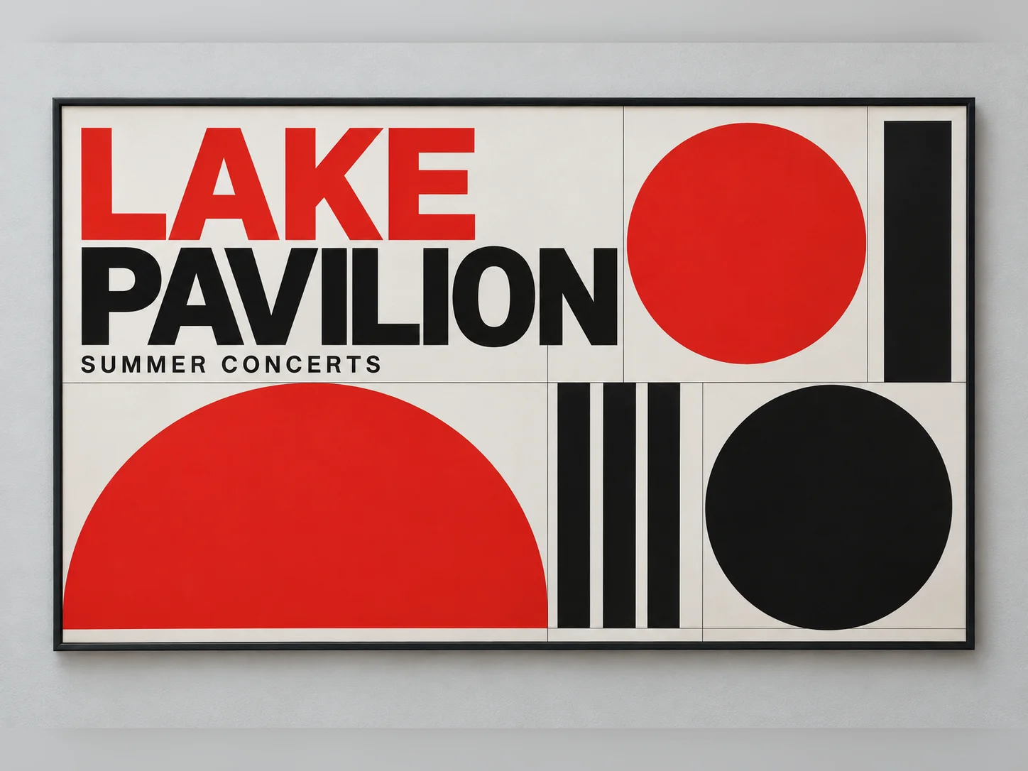 Swiss-style concert poster with a bold red and black geometric grid on a gallery wall