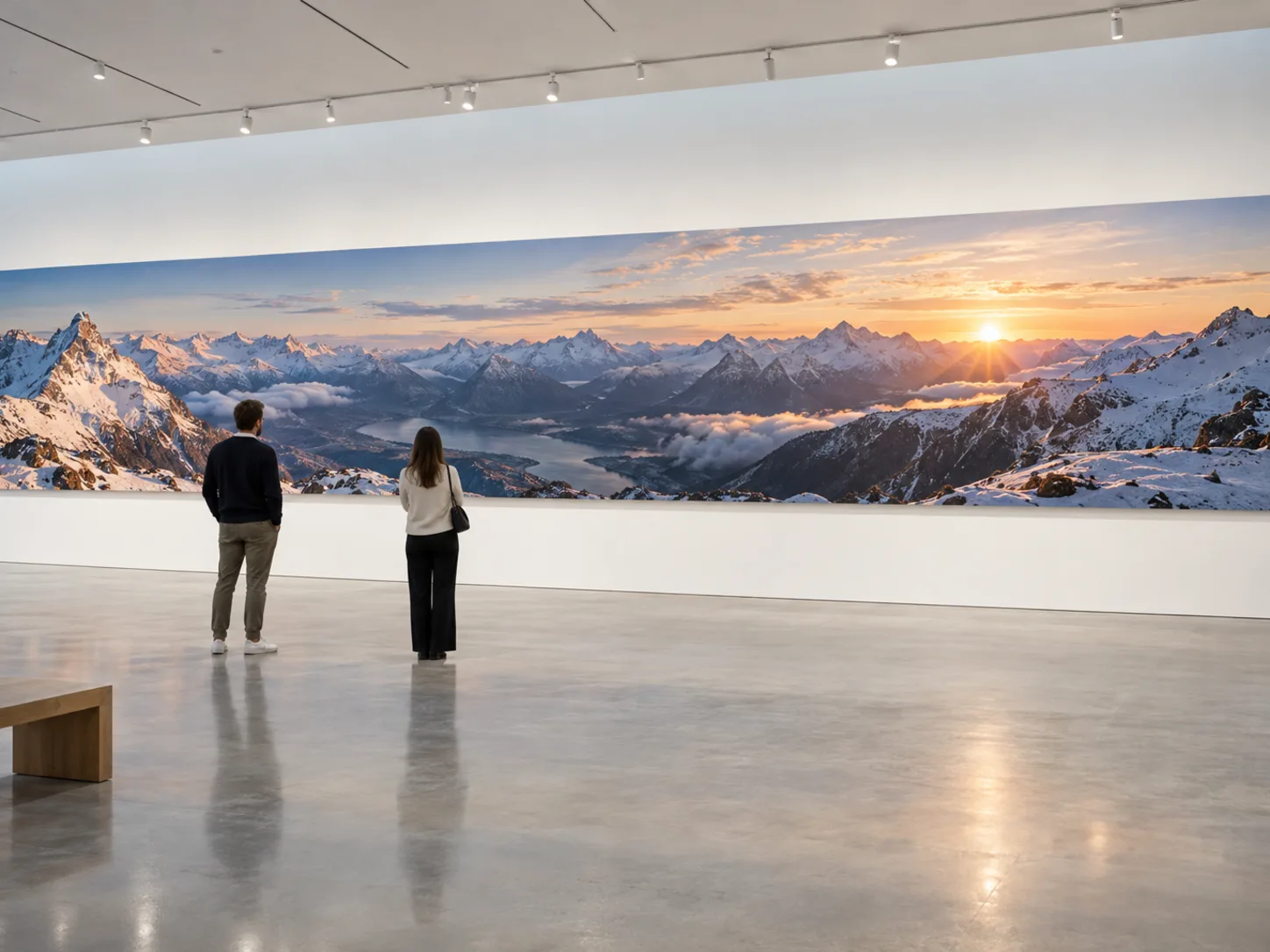 Museum hall with one continuous ultra-wide panoramic print of a snowy mountain range at sunrise
