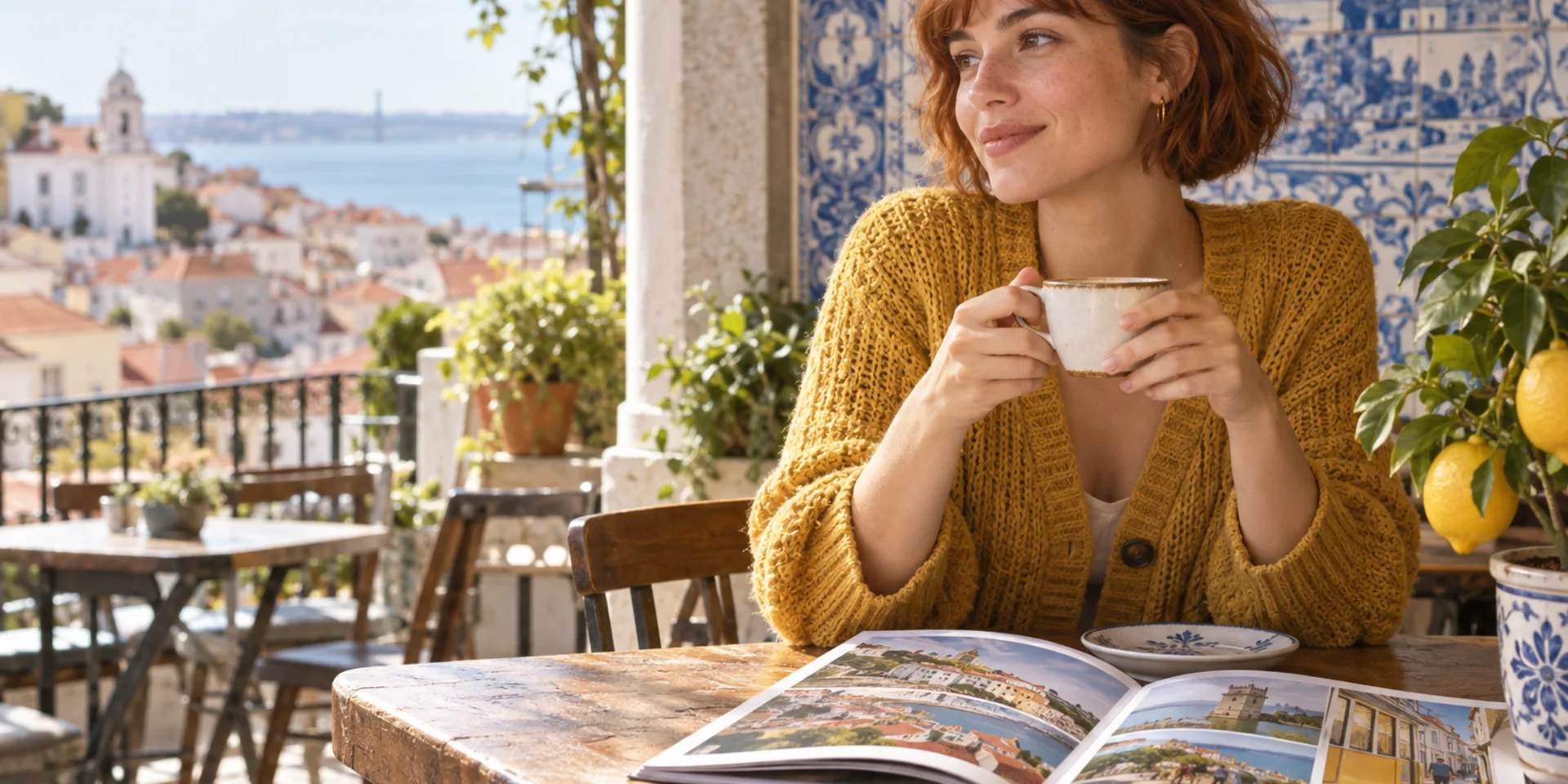 Woman in a mustard cardigan holding a coffee cup at a sunlit Lisbon cafe beside azulejo tiles