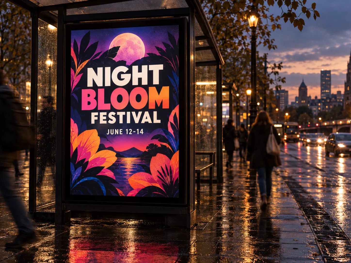 Illuminated Night Bloom Festival poster in a city bus shelter at dusk