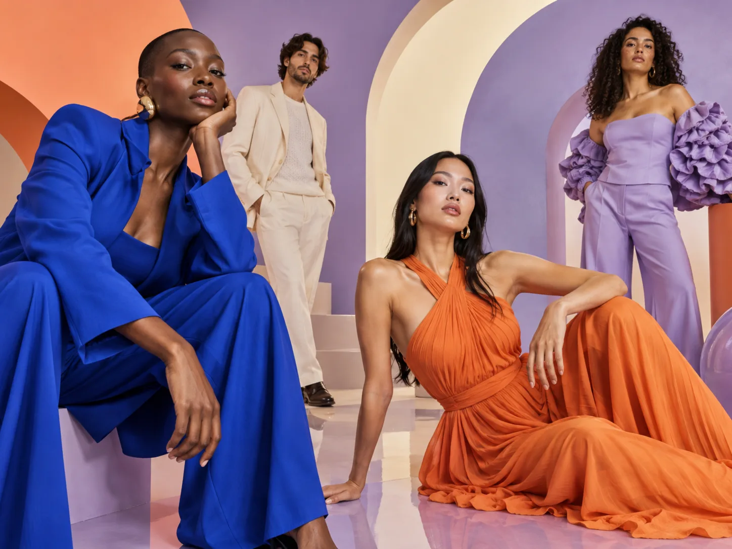 Four models in cobalt, tangerine, lilac, and cream outfits posing on a pastel studio set
