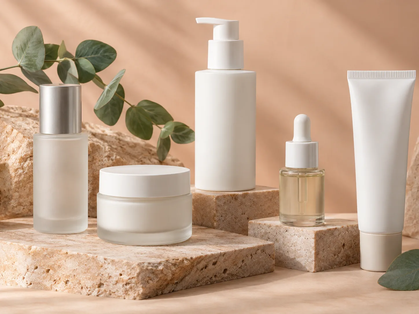 Unbranded five-piece skincare set arranged on peach and sand stone plinths