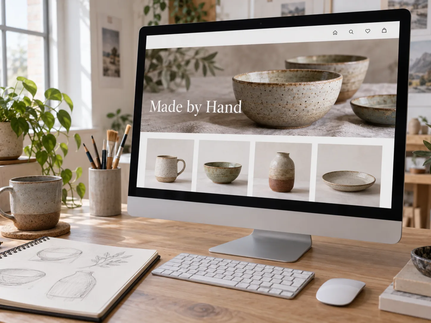 Monitor showing a ceramics studio landing page concept on a designer's desk