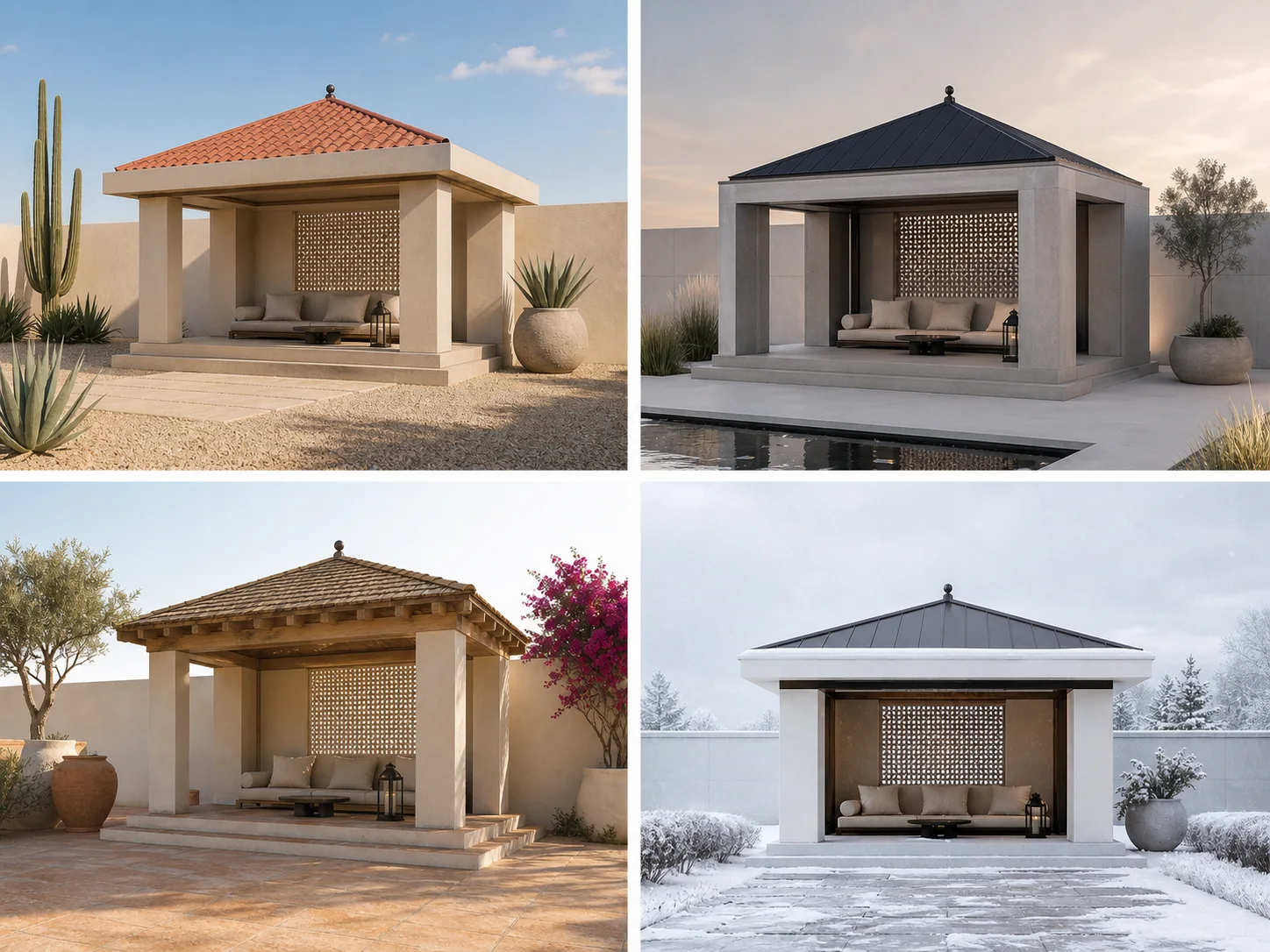 Unrelated pavilion drafts where composition, style, geometry, and color all drift