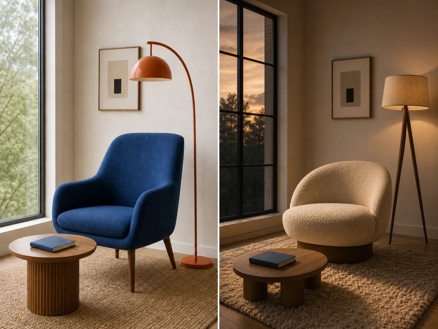 Reading-corner edit where furniture, camera, lighting, and room details all drift