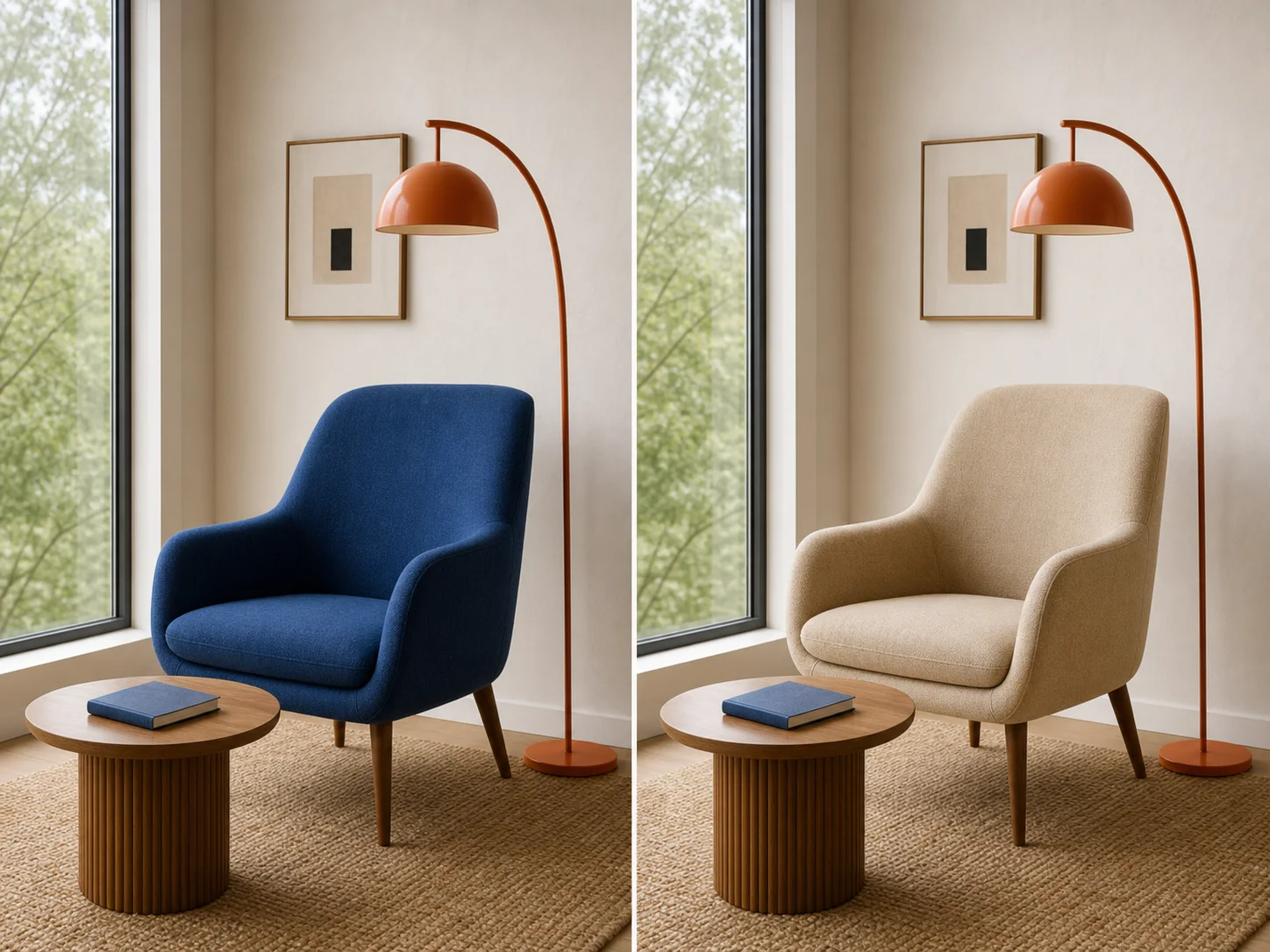 Reading-corner edit that changes only the chair fabric color
