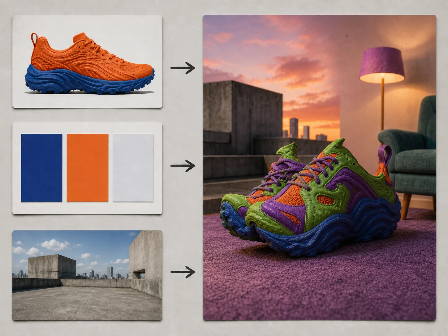 Conflicting product, palette, and location references producing an incoherent campaign