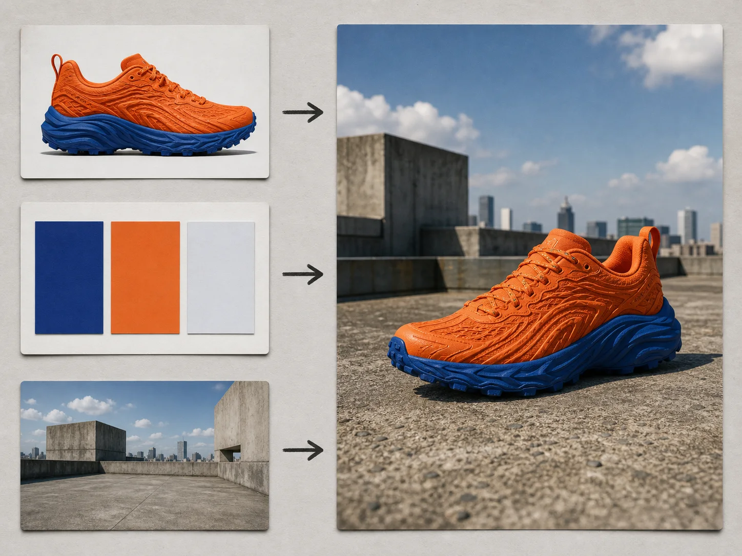 Product, palette, and location references assigned distinct roles in one coherent campaign