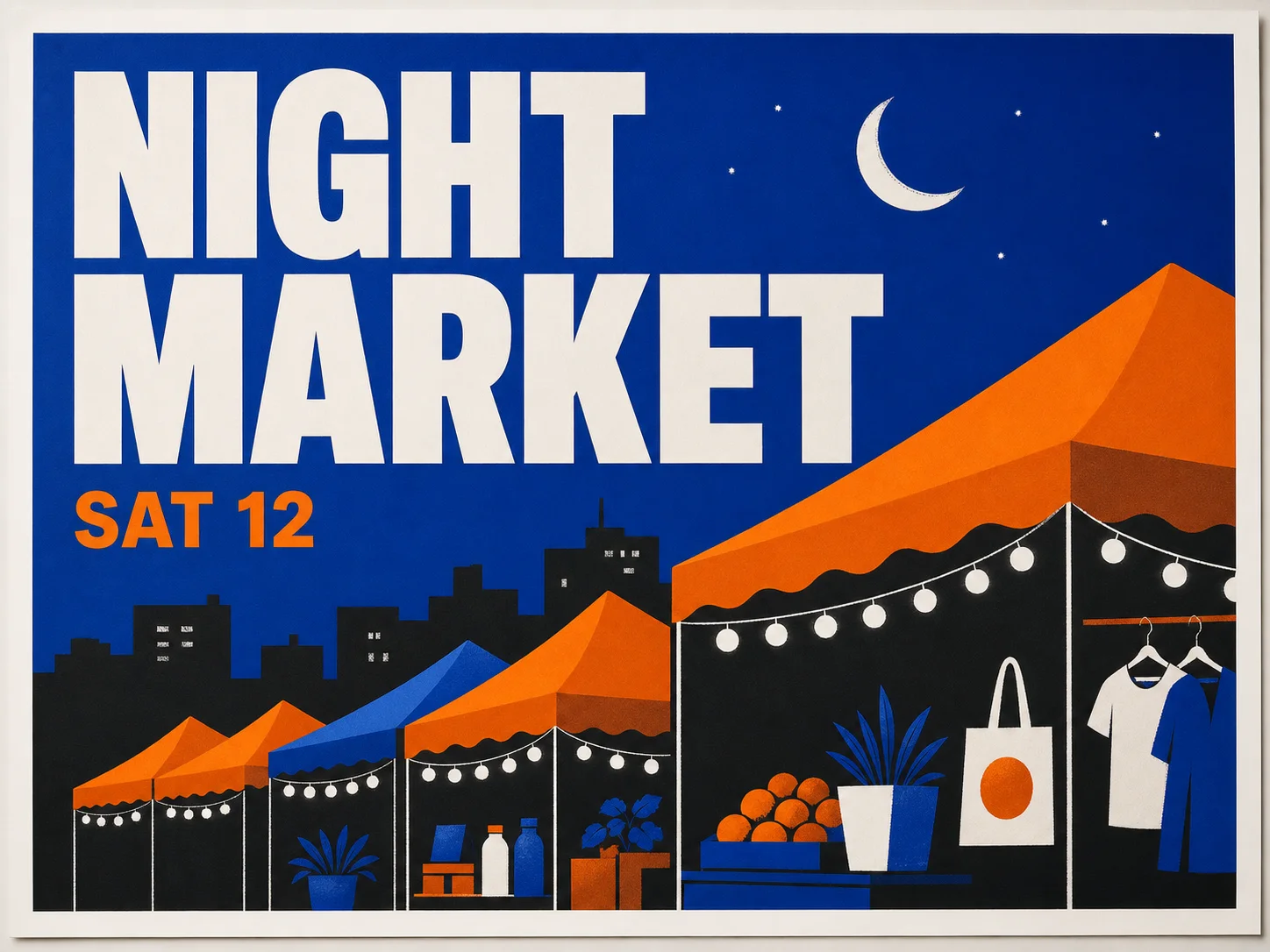 Clean poster with NIGHT MARKET and SAT 12 rendered once each