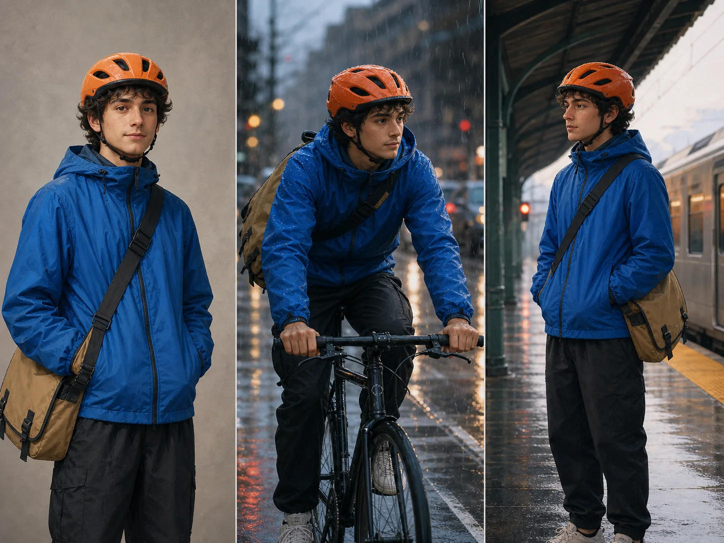Same original bicycle courier preserved across three different draft scenes