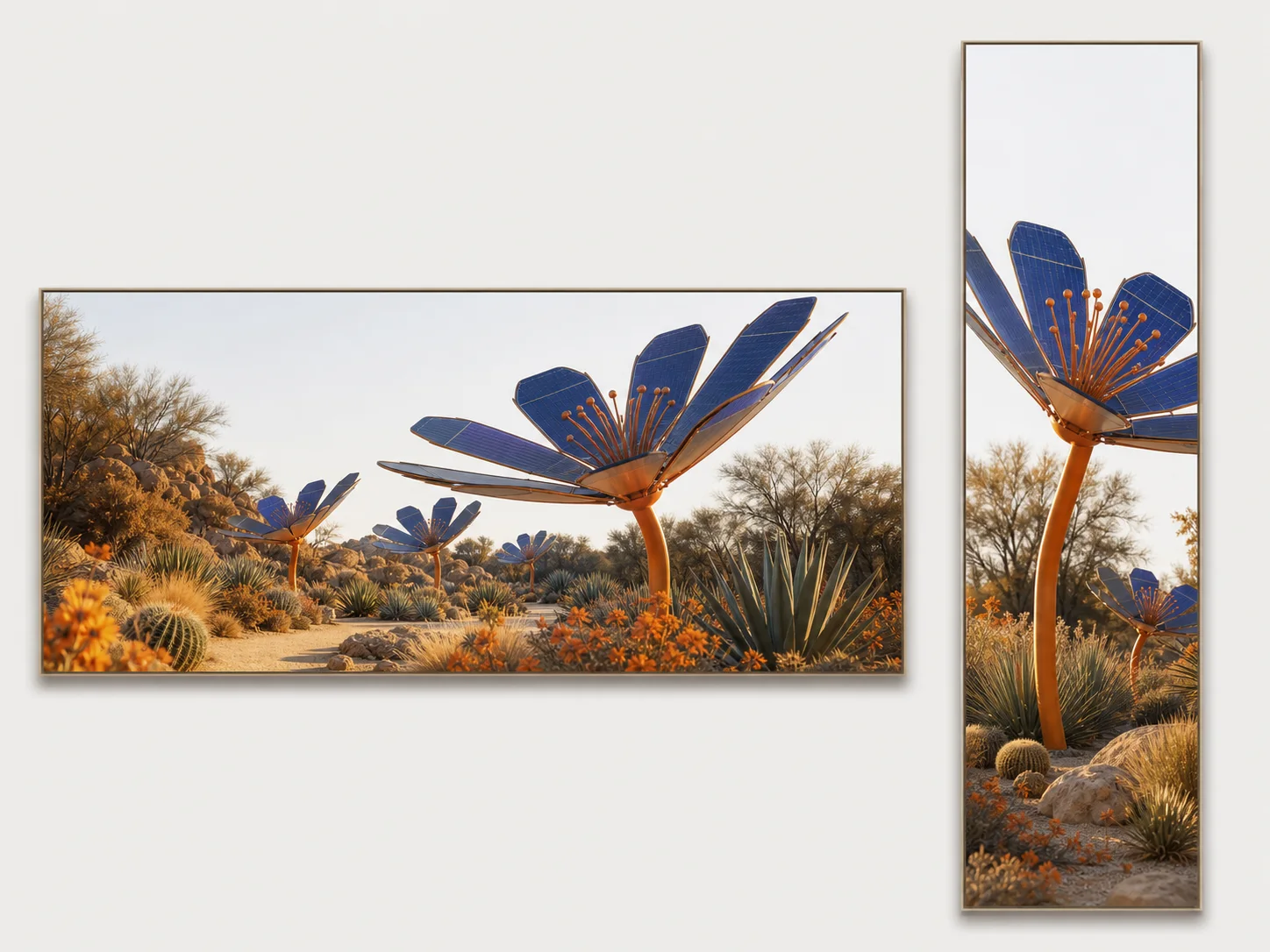 One solar garden concept deliberately composed for ultra-wide and ultra-tall formats
