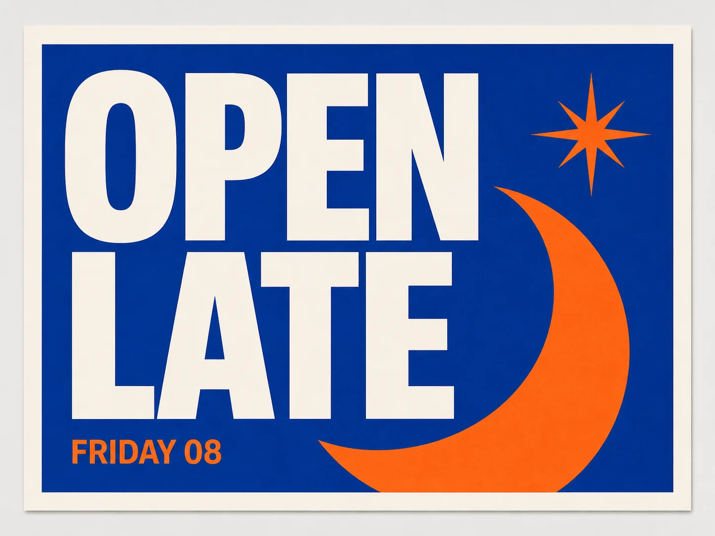Minimal orange and cobalt poster with the exact short headline OPEN LATE