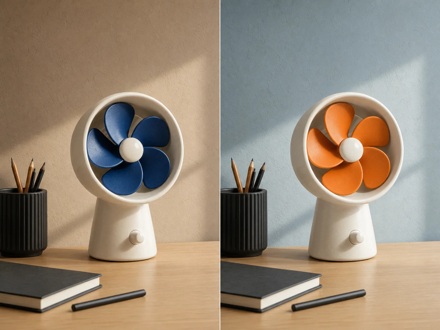Matched desk fan images showing only background and blade colors changed