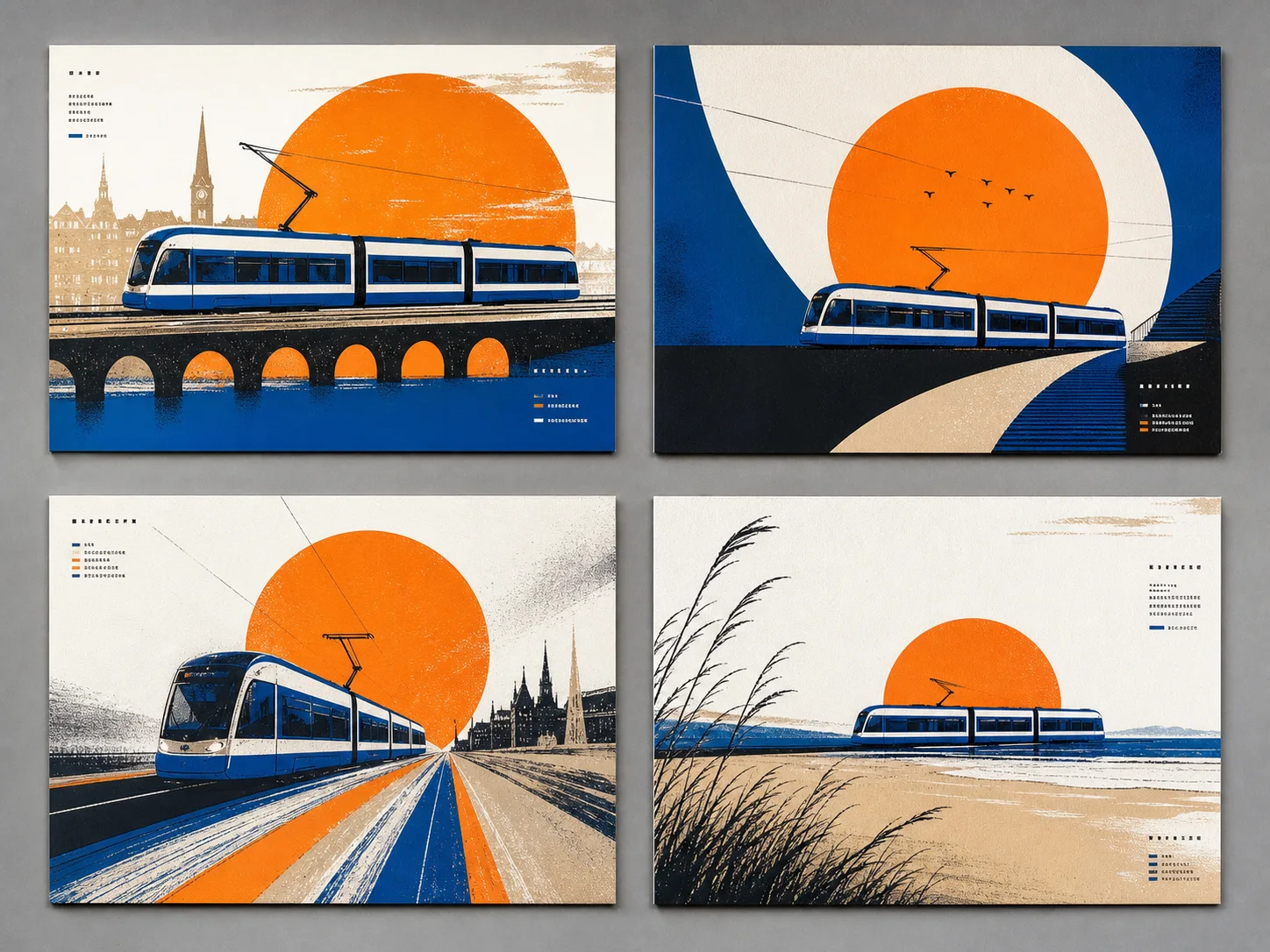 Four coordinated campaign drafts exploring different compositions for the same fictional transit brief
