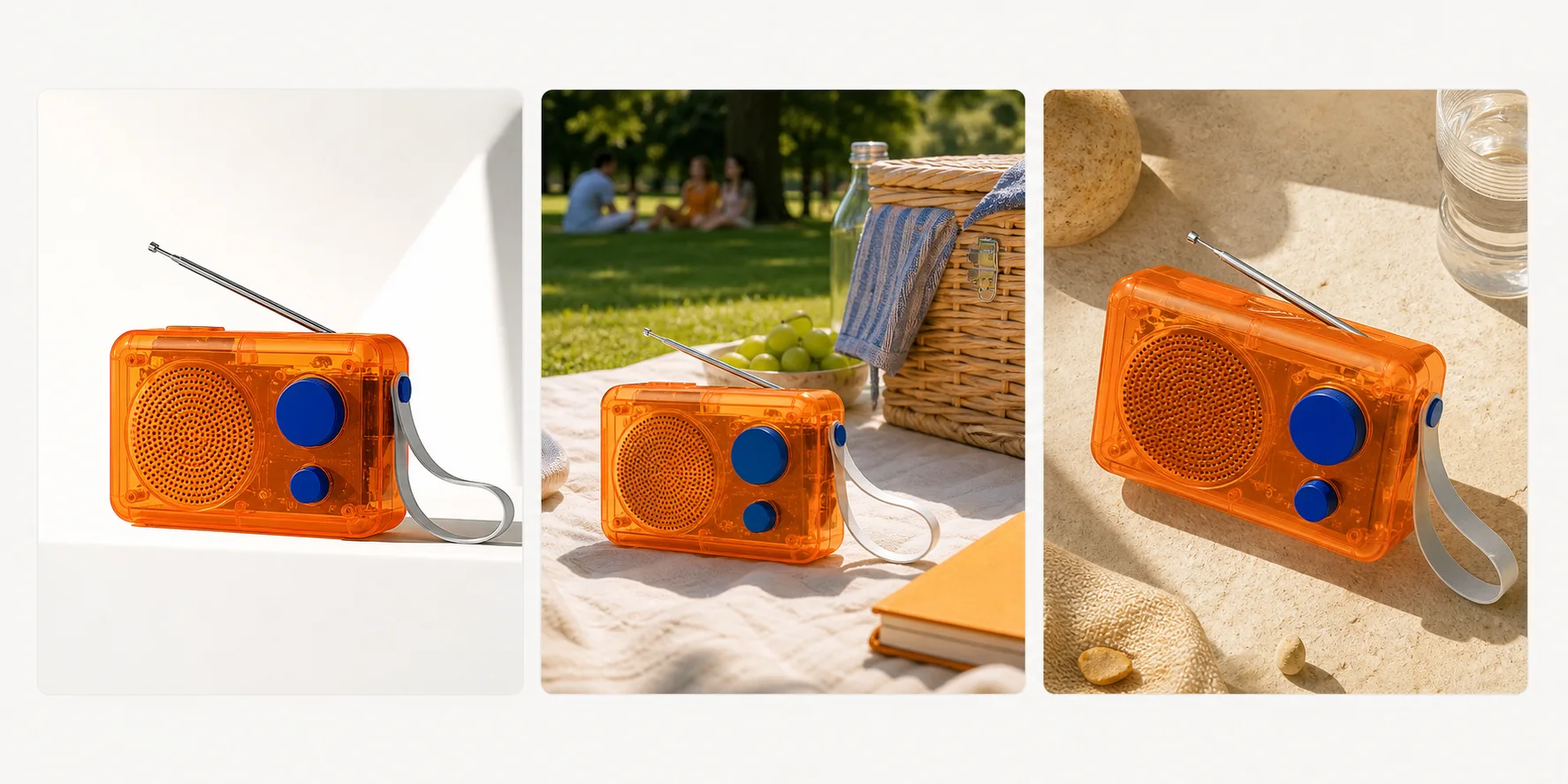 Three coordinated product campaign drafts for one fictional orange radio