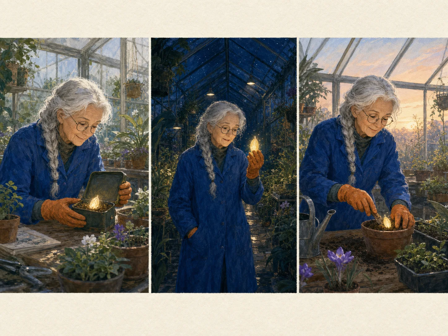 Three-panel draft storyboard keeping one original botanist consistent