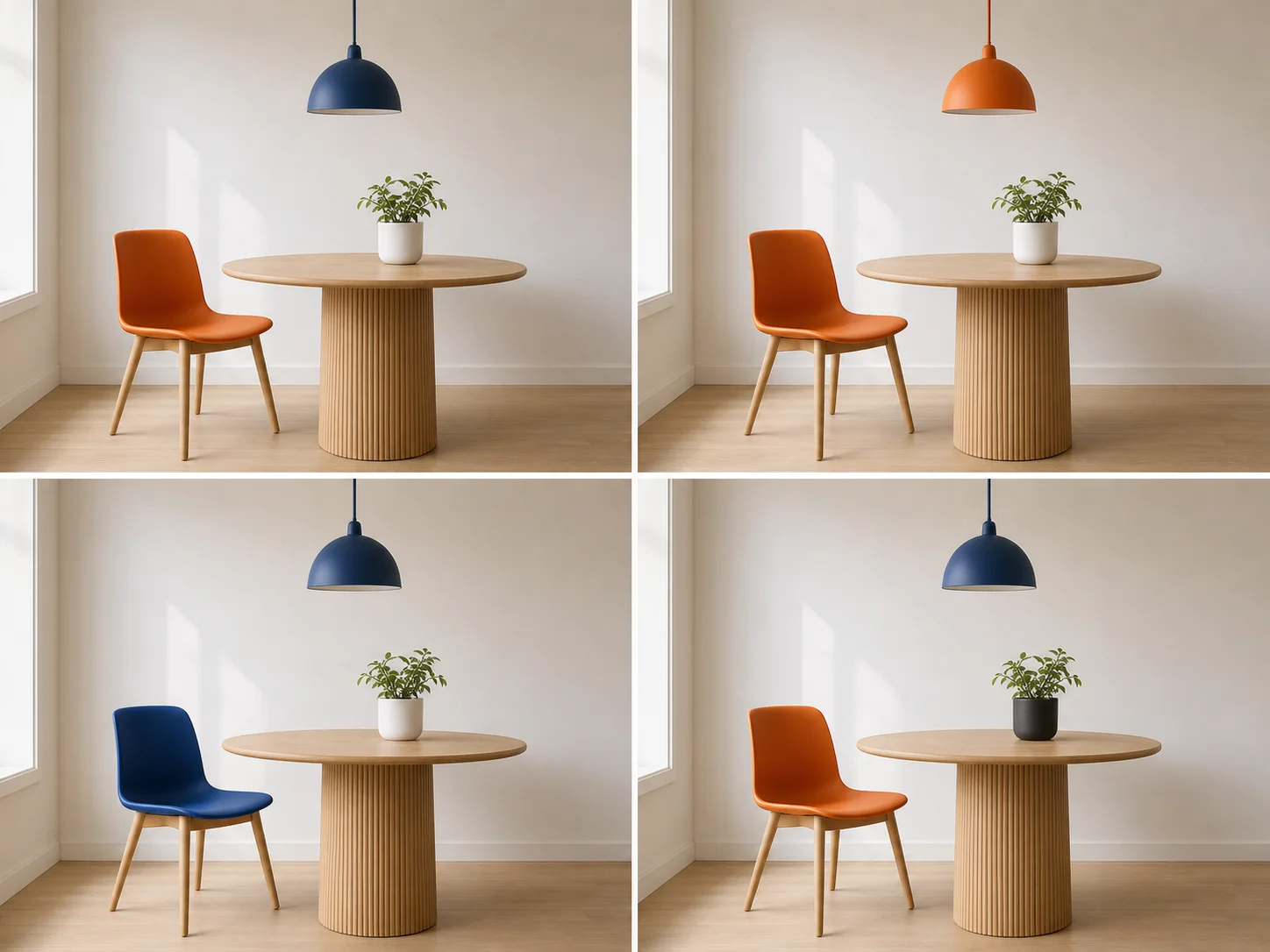 Four matched interior drafts testing one local color change at a time