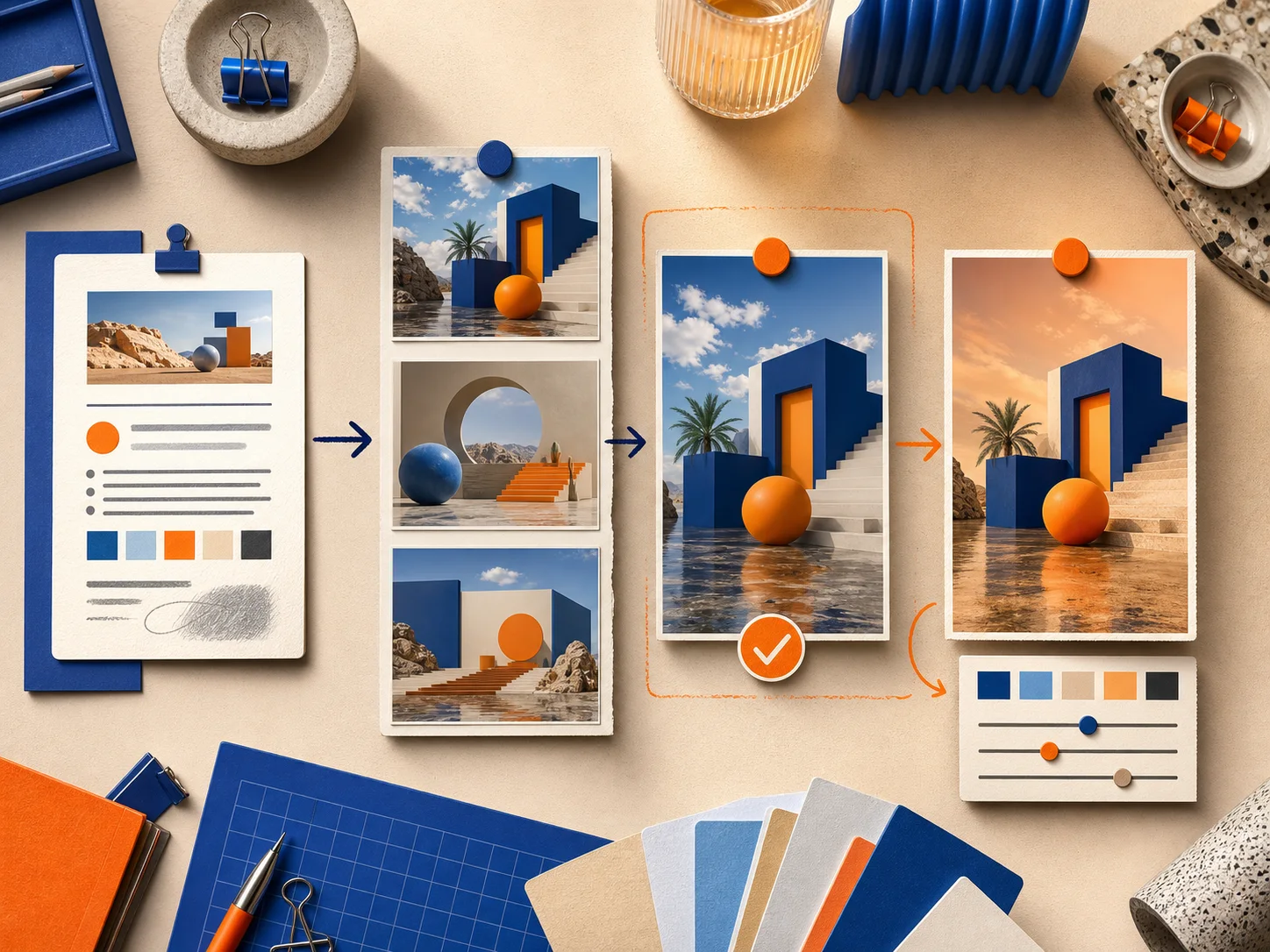 Nano Banana 2 Lite workflow moving from a prompt to coordinated drafts and a focused image edit