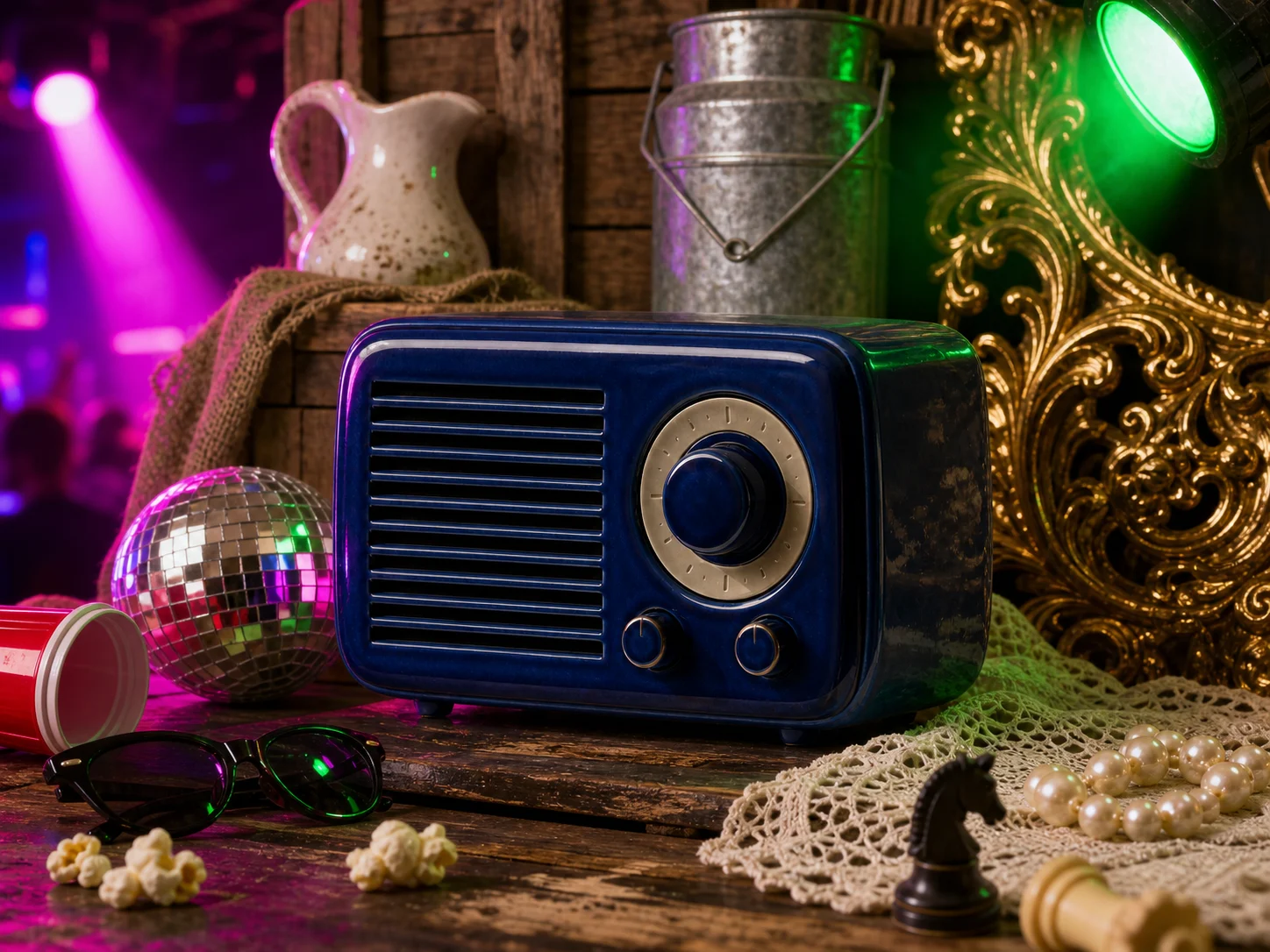 Confused ceramic radio scene with competing styles, props, and light sources
