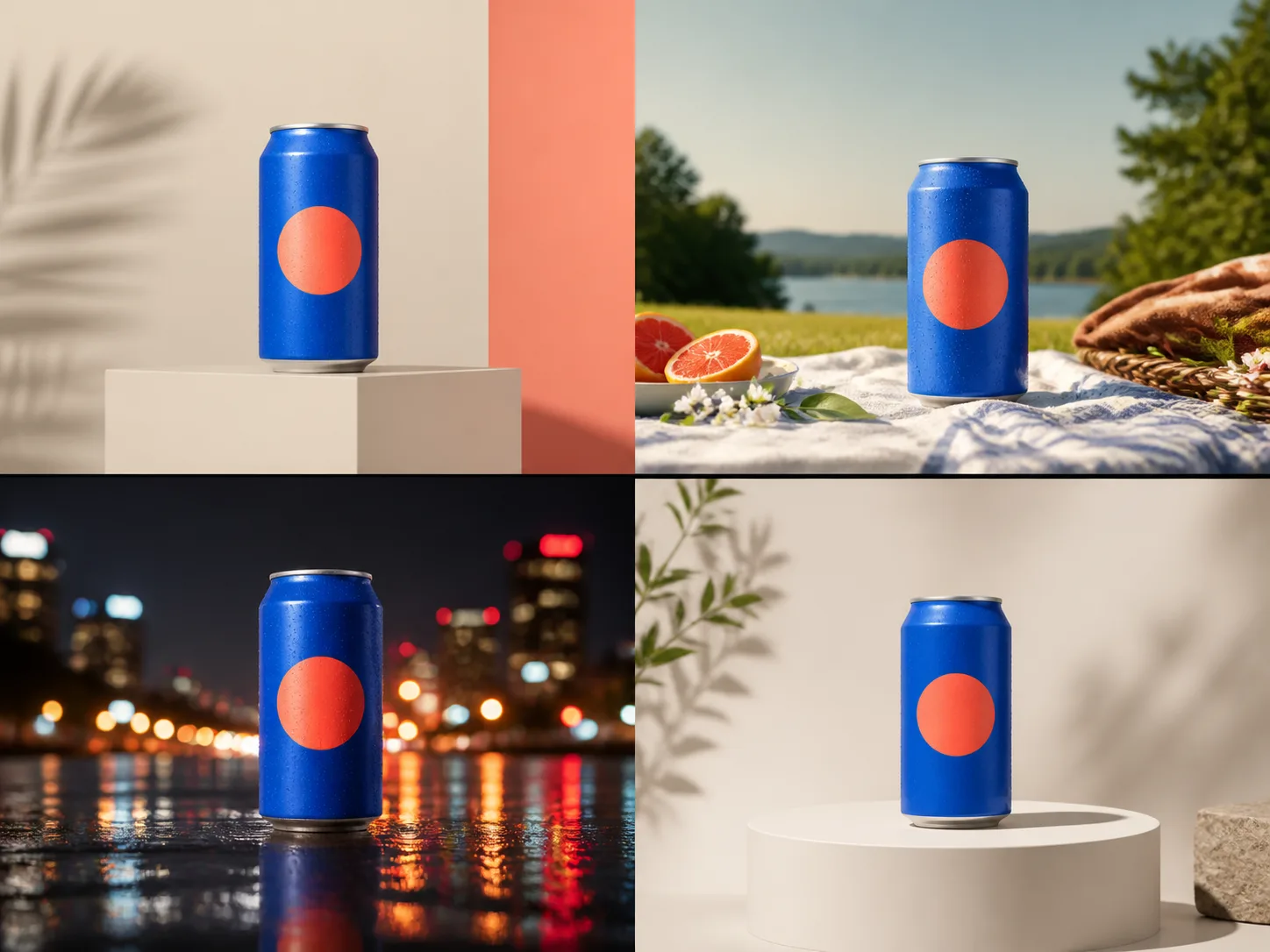 Four coordinated ad variations for the same unbranded sparkling-water can