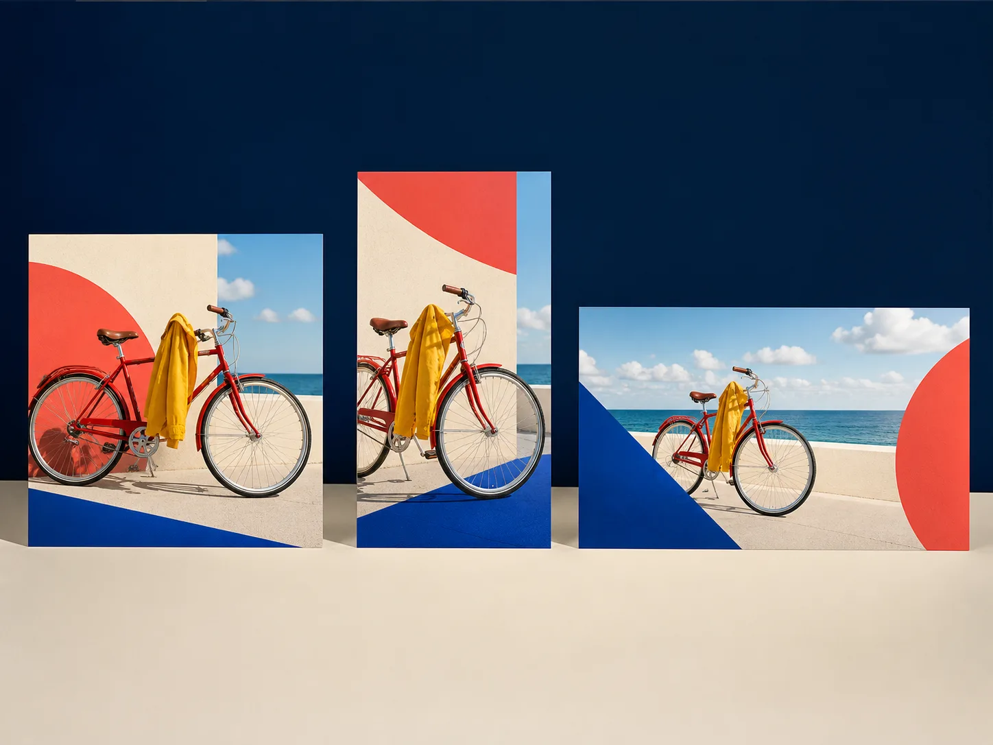 Same bicycle campaign adapted into square, portrait, and landscape social formats