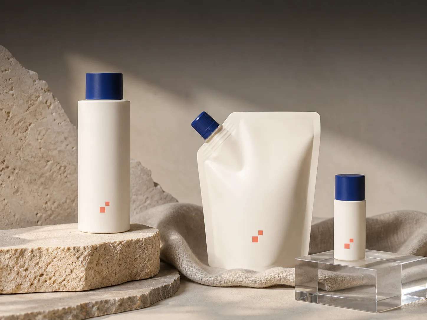 Coordinated skincare bottle, refill pouch, and travel-size product mockups