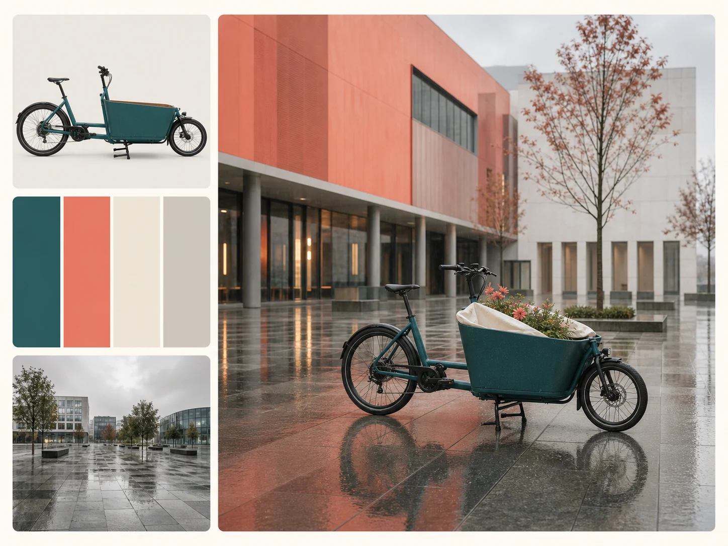 Product, palette, and location references combined into one coherent cycling campaign image