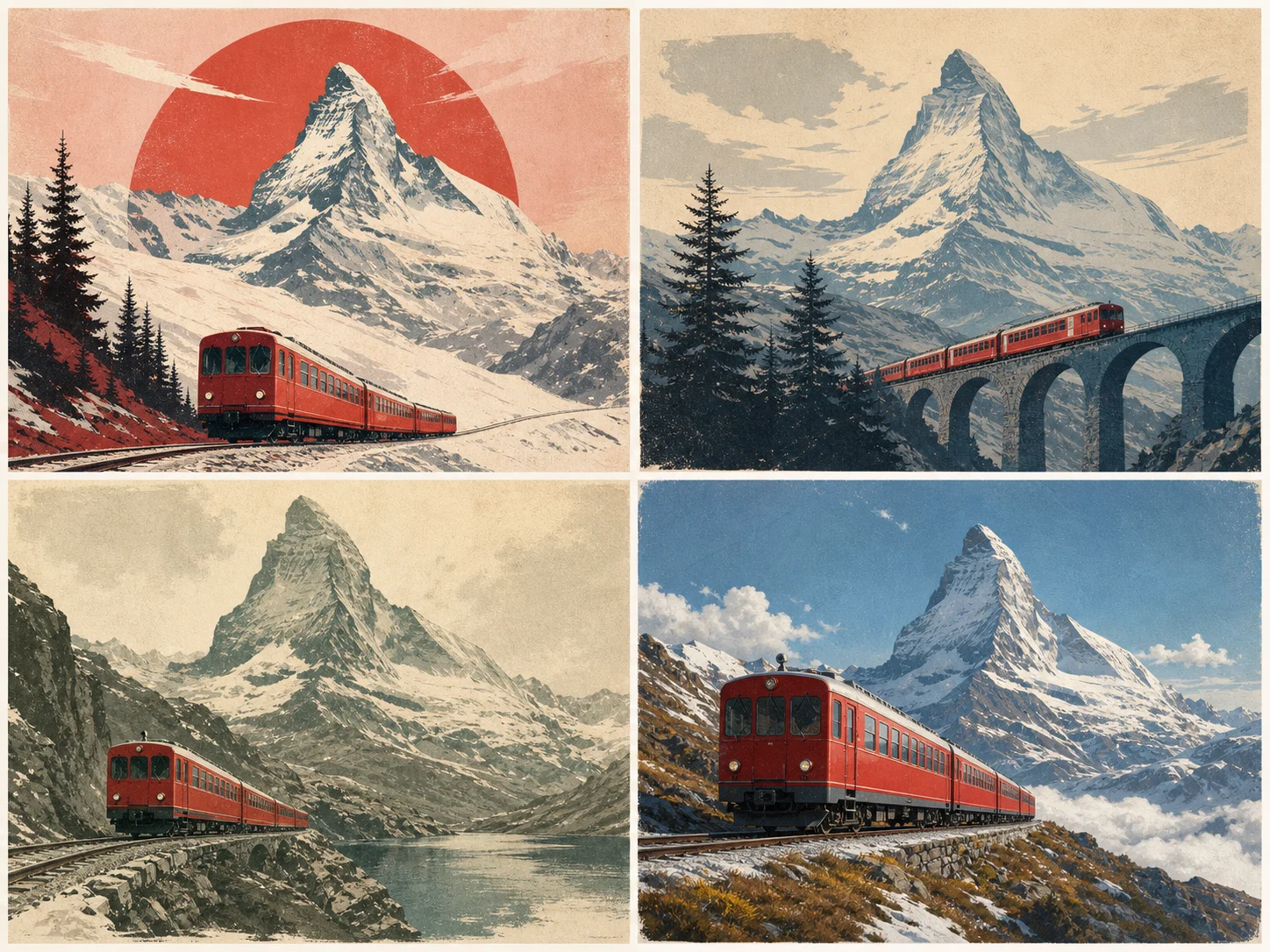 Four coordinated editorial poster drafts progressing toward one refined visual direction